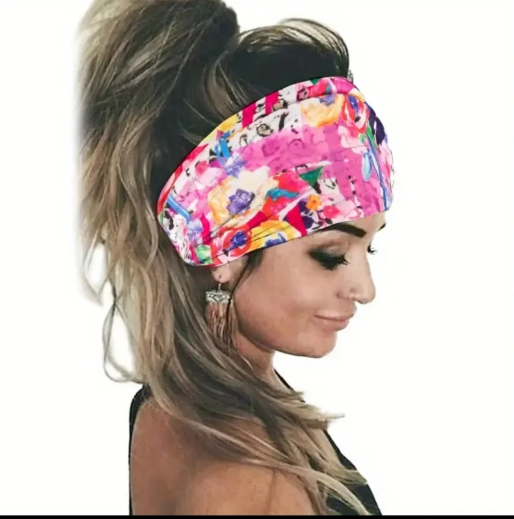 Tie Dye Flower Print Knotted Headband Wide Sports Fitness Yoga Headband, Pink